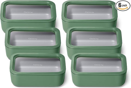 Caraway 6pc Glass Food Storage Set ??6.6 Cup Food Containers (6) - Ceramic Coated - Non Toxic, Non Stick with Lids - Microwave Safe - Sage