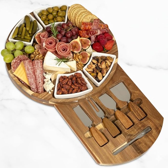 Acacia Cheese Board & Knife Set ??Charcuterie Board with Ceramic Bowls, Slide-Out Drawer & Serving Utensils, Perfect for Entertaining ??Ideal Gift for Weddings, Housewarming & Holidays