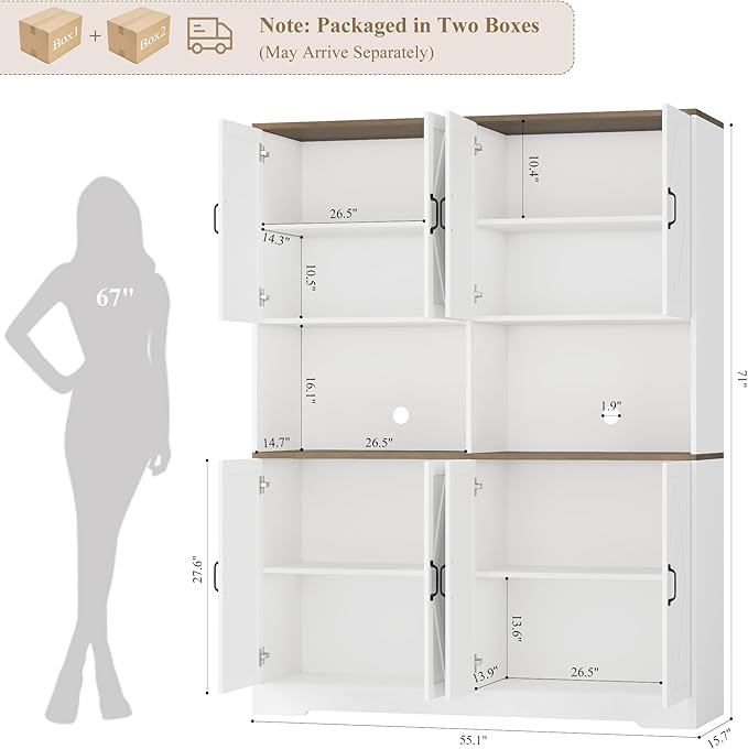 HOSTACK 71" Tall Pantry Cabinet, 55" Wide Kitchen Pantry Storage Cabinet, Large Kitchen Hutch with 2 Microwave Stands, Farmhouse Coffee Bar Station with Doors and Shelves for Dining Room, White