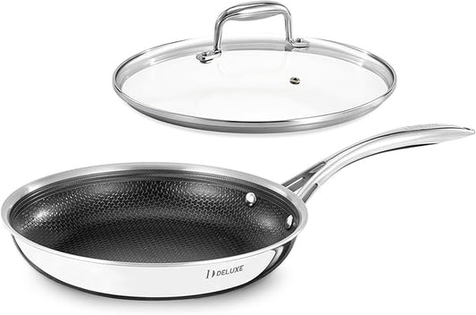 DELUXE Hybrid Ceramic Nonstick 10-Inch Fry Pan with Tempered Glass Lid, Skillet with Stay-Cool Handles, Dishwasher&Oven Safe, PFOA Free Compatible with All Cooktops