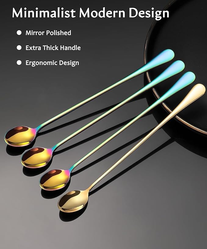 Long-handled ice tea spoon, cocktail stir spoons, stainless steel coffee spoons, ice cream scoop Set of 4 (9 IN)