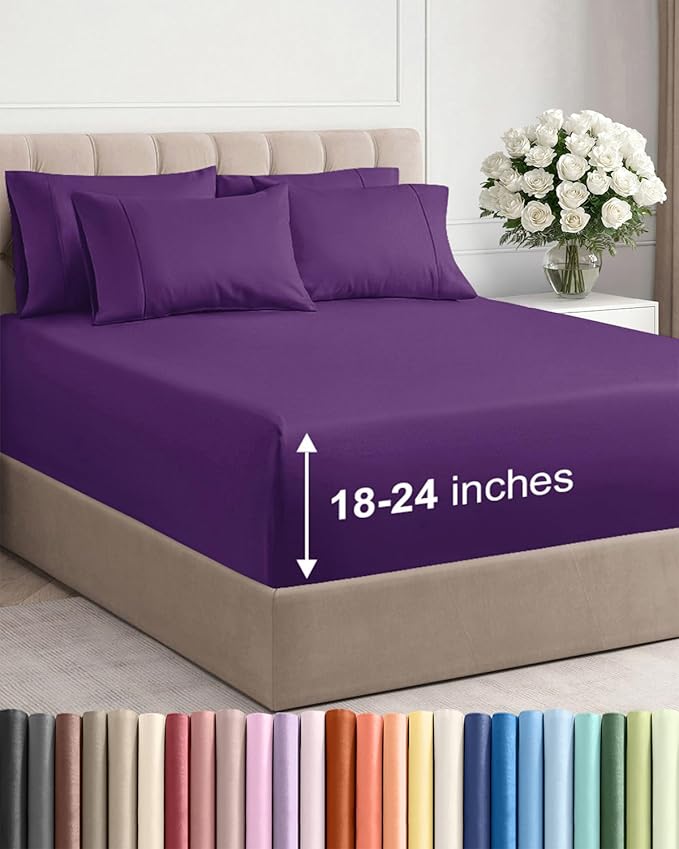 Extra Deep Queen Sheet Set - 6 Piece Breathable & Cooling Sheets - Hotel Luxury Bed Sheets Set - Easy & Secure Fit - Soft, Wrinkle Free & Comfy Sheets Set - Purple Sheet Set with Extra Deep Pockets