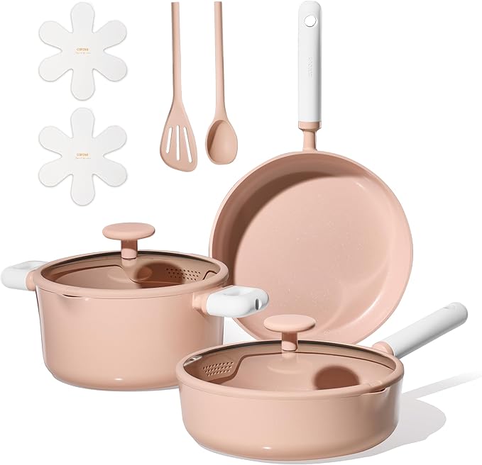 CAROTE Pots and Pans Set Nonstick, Ceramic Cookware Set, Pink Cooking Set Kitchen Induction Set with Steamer, PFAS PTFE Free,9 Piece