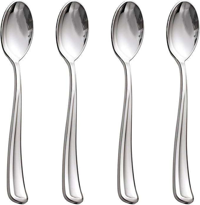 WDF 100 Pack Silver Plastic Spoons Disposable - 6.9 Inch Silver Spoons Heavy Duty Plastic Spoons, Modern Silver Disposable Spoons Perfect for Party Wedding Valentine's Day
