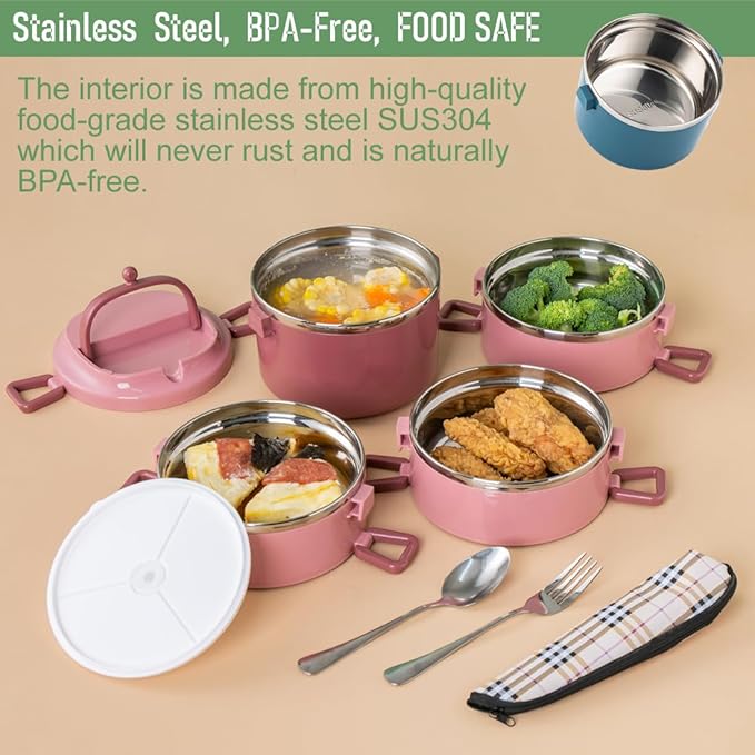 SANQIAHOME 4 Tier Stackable Stainless Steel Lunch Box Sealed(pink, 4 layers) with spoon and fork