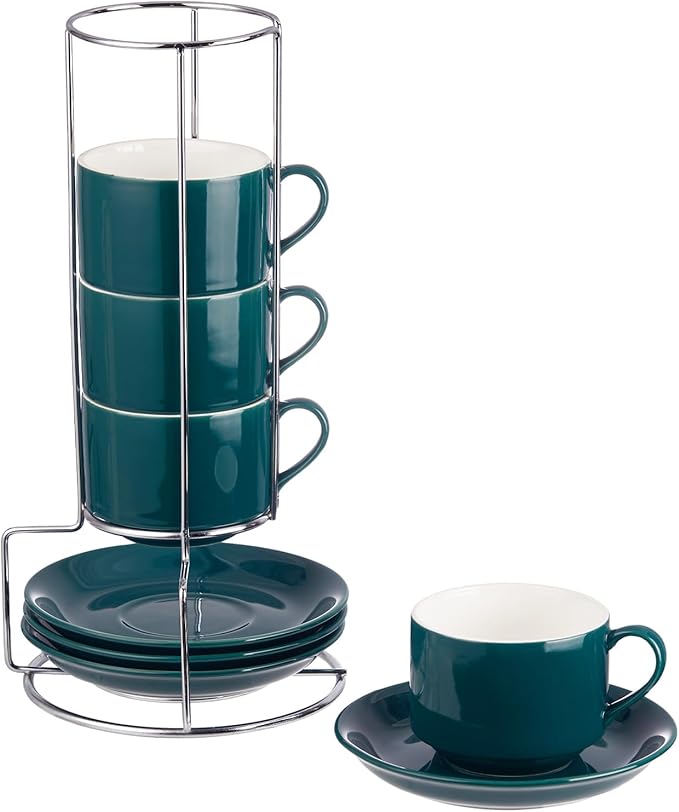 8oz Porcelain Cappuccino Cups with Saucers and Metal Stand, Stackable Coffee Cups for Specialty Coffee Drinks, Cappuccino, Latte, Espresso, Americano and Tea - Cups Set of 4, Green