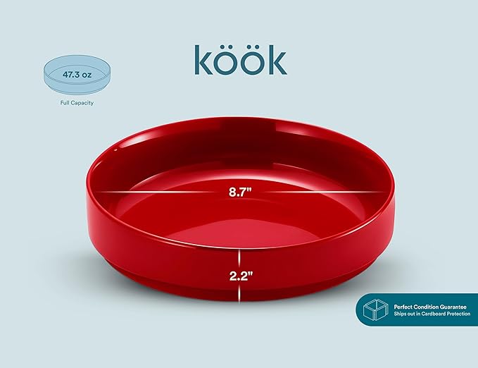 KooK Ceramic Large Pasta Bowls, Microwave and Dishwasher Safe, Great for Soups and Salads, Shallow Serving Bowls, Glossy Porcelain, 47 oz, Set of 4, Cherry Red