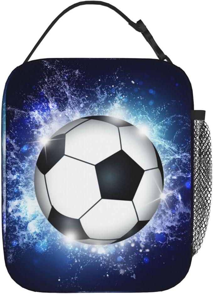 YIJIUWKIS Sports Lunch Box with Soccer Pattern Print, Blue Insulated Lunch Bag for Kids Teens Boys Girls, Reusable Lunch Bag Ice Packs Containers Tote Handbag with Water Bottle Holder and Handle