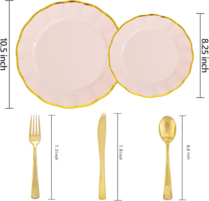 EI 150pcs Pink Plastic Plates with Gold Plastic Silverware,Pink Party Plates,Heavy Duty Plate Disposable,Gold Dinnerware Set for Birthday, Afternoon Tea,Wedding