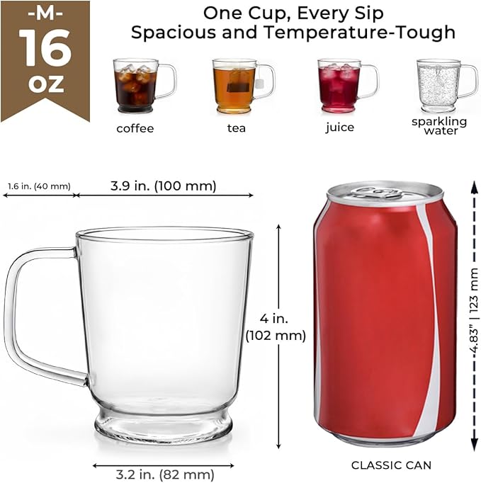 Aquach Clear Glass Mug 16 oz ??Borosilicate Glass Coffee Mug, Large Tea Cup for Hot & Cold Drinks, Dishwasher Safe Glass Cups