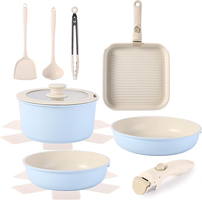 12 PCS Kitchen Cookware Sets with Detachable Handle,Pots and Pans Sets Non Stick, Induction Pan Set for RV Cookware,Oven Safe, PFOA Free竊뉰lue)