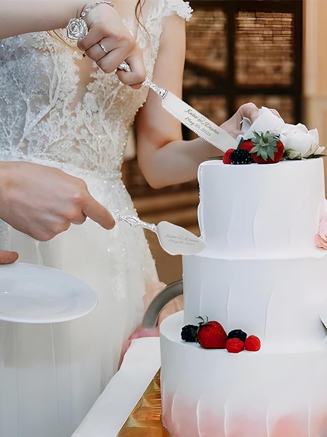 HJX Personalized Cake Knife and Server Set for Wedding - Engraved Stainless Steel Cake Cutting Set, Custom Elegant Cake Cutter Gift for Anniversary Birthday (03-Dark pattern flower)