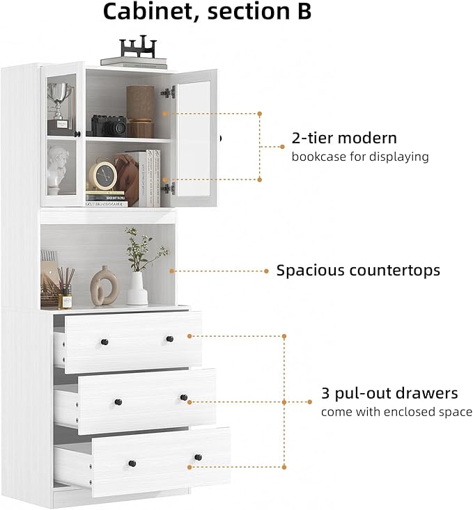 VOWNER 5PCS Bookshelf and Bookcase, 5-Tier Modern Bookshelves with 3 Large Drawer, Glass Display Cabinet with Lager Storage Shelf, Combination Storage Shelves for Home Office, White (AABBC)