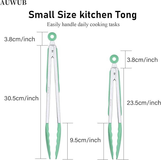 Salad Tongs, 7/9/12/16 Inch Silicone Food Tongs with 304 Stainless Steel Core, Easy-Grip, in Pistachio, Black, Blue, Orange, Red (Pistachio, 9+12inch)