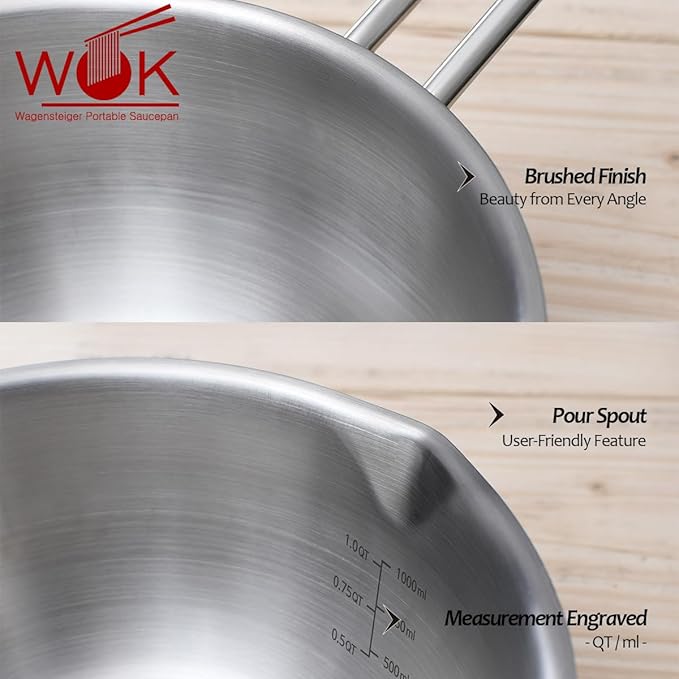 Stainless Steel Baby Wok 200mm / 7.87inches, 3-Ply Base with Aluminum Core, All Cooktops, Multipurpose Saucepan, Ramen Pot, On-the-go Cooking Pot for Outdoor or Camping