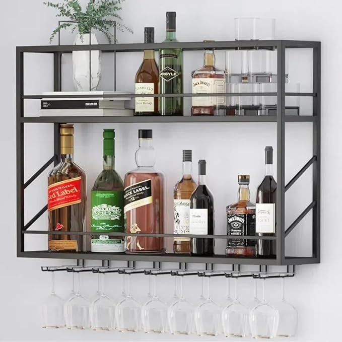 Wall Mounted Wine Rack with Glass Holder, 2-Tier Multi-Functional Shelf for Home, Restaurant, and Bar Storage (39.3?쓂 x 7.8?쒭 x 26?쒱)