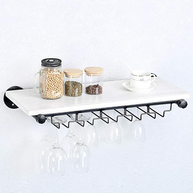 Industrial Wine Rack Wall Mounted with 5 Glass Holder,Wine Glass Rack Floating Wine Glass Shelf,24in Pipe Shelving Hanging Wood Shelves