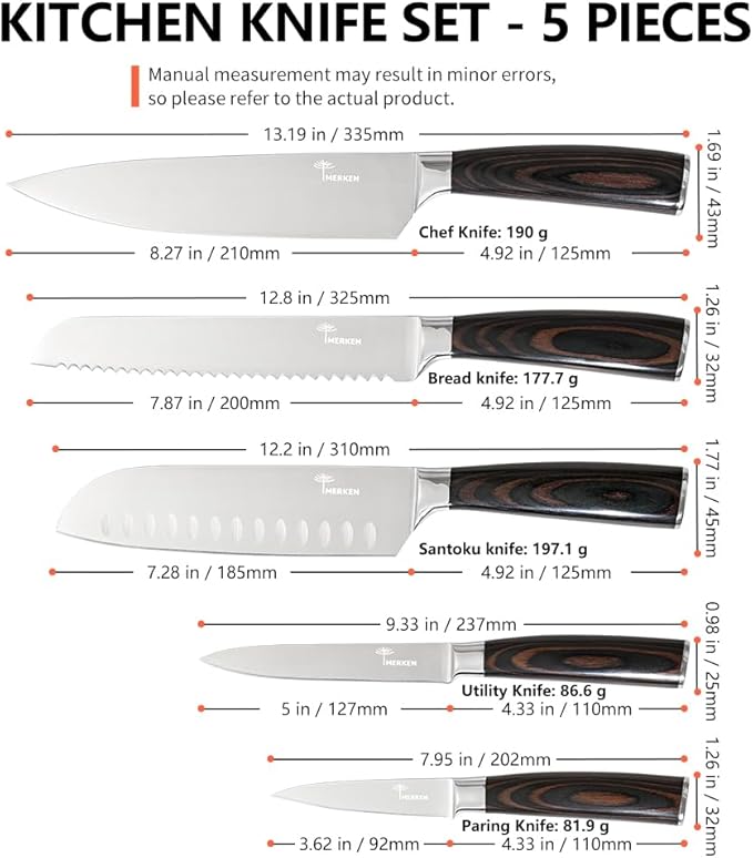 Kitchen Knife Set - 5 Pieces | Includes 8" Chef Knife, 7" Santoku, 8" Bread, 5" Utility, 3.5" Paring | Japanese Style High Carbon Steel Blades, Pakkawood Handles, Ultra Sharp Kitchen Tools