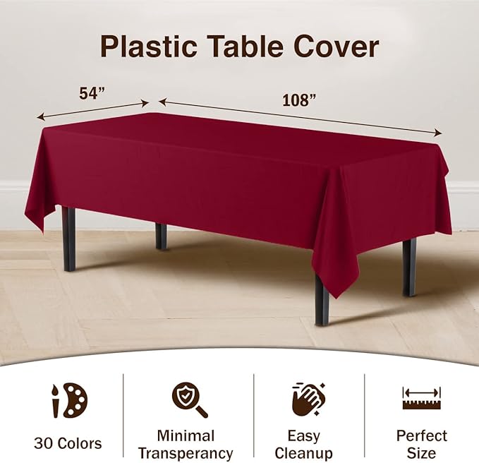 Party Solids 6-Pack Premium Plastic Tablecloth 54in. x 108in. Rectangle Plastic Table Cover - Burgundy