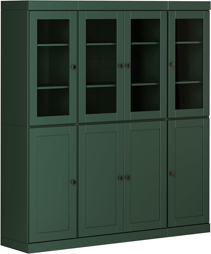 Palace Imports 100% Solid Wood Kitchen China Pantry Cabinet, 65" W - 4 Clear Glass & 4 Shaker Doors, Renewable Eco-Friendly Wood, Made in Brazil (Green, 8 China/Shaker Doors | NO Drawers)