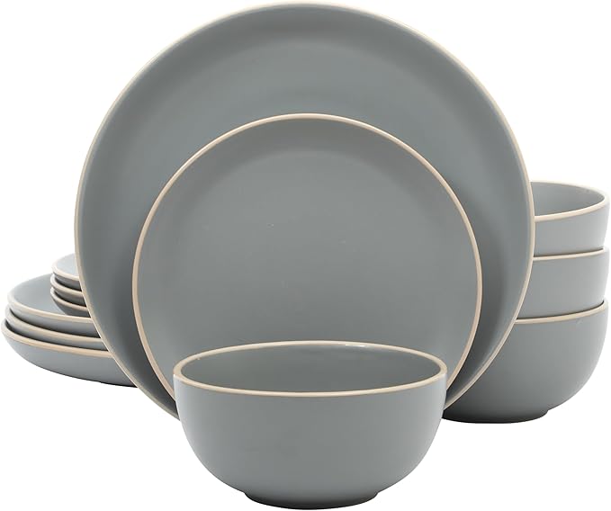 Gibson Home Rockaway 12-Piece Stoneware Dinnerware Set, Matte Finish, Service for 4, Modern Ceramic Plates and Bowls, Microwave & Dishwasher Safe ??Soft Gray - Service for 4