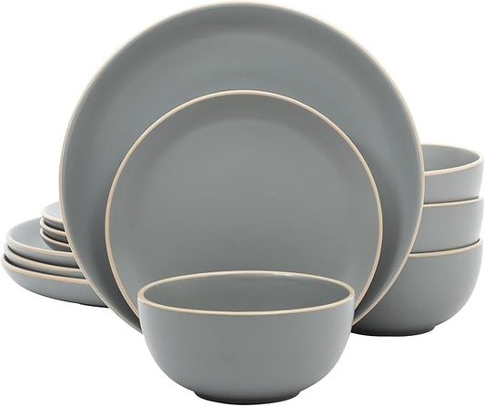 Gibson Home Rockaway 12-Piece Stoneware Dinnerware Set, Matte Finish, Service for 4, Modern Ceramic Plates and Bowls, Microwave & Dishwasher Safe ??Soft Gray - Service for 4
