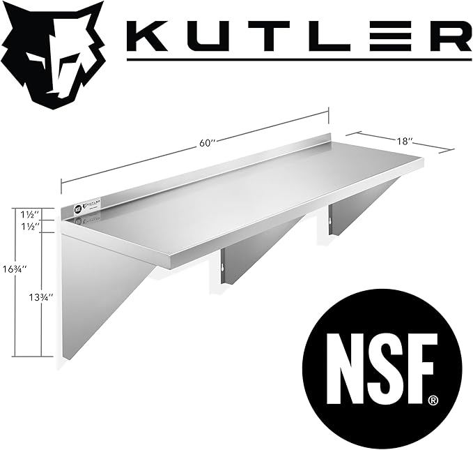 KUTLER Stainless Steel Shelf - 18" x 60", NSF Commercial Wall Mount Shelves with Backsplash, Floating Metal Shelving for Restaurant, Kitchen, Home