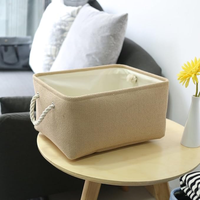 TheWarmHome Decorative Basket Rectangular Small Storage Basket Fabric Storage Bin Organizer Basket with Handles for Clothes Storage (Beige, 11.8L횞7.9W횞5.2H inch)