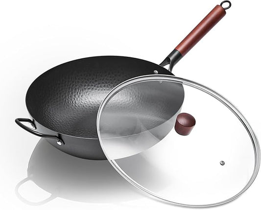 Wrought Iron Flat Bottom Wok with Glass Lid ??Detachable Wooden Handle, Non-Coated Naturally Nonstick Frying Pan for Gas, Electric & Induction Stoves (Black Wok with Helper Handle, 13.4 inch)