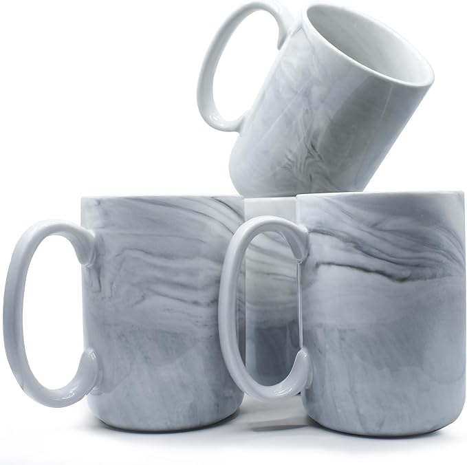 Coffee Mugs Set of 4,16 OZ Large Marble Ceramic Tea Cups with Big Handle,Bulk Grey Marble Mugs Set for Latte, Beer,Cappuccino,Microwave Dishwasher Safe Cup for Men Women Gift
