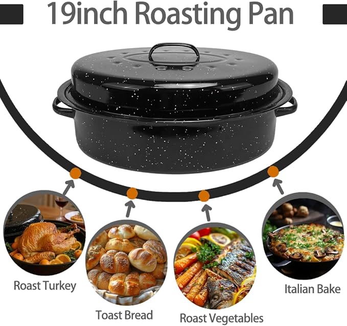 19??Turkey Roasting Pan Enamel Oval Granite Large Roaster Pan with Lid with 17in Inner Diameter Large Capacity Suitable for Thanksgiving Enamel Cook Ware Dishwasher Compatibility Oven Christmas Gift