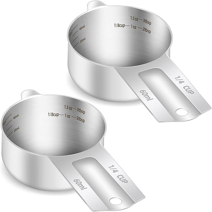 BERYLER 2PCS 1/4Cup (60ml, 2oz) Single Measuring Cup, Etched Inner Scale Stainless Steel Measure Scoop, Metric and US Measurement, Dishwasher Safe