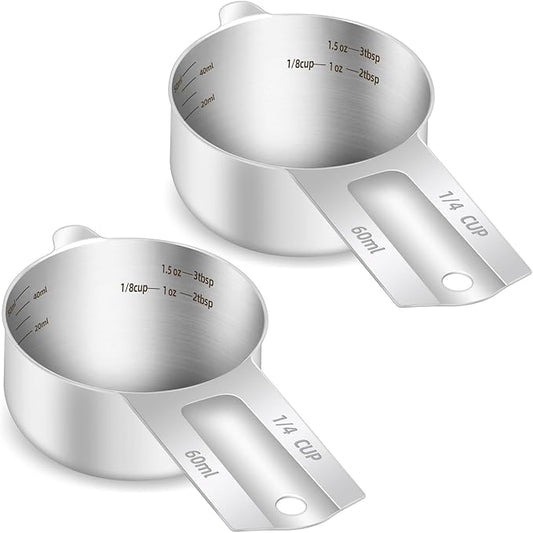 BERYLER 2PCS 1/4Cup (60ml, 2oz) Single Measuring Cup, Etched Inner Scale Stainless Steel Measure Scoop, Metric and US Measurement, Dishwasher Safe