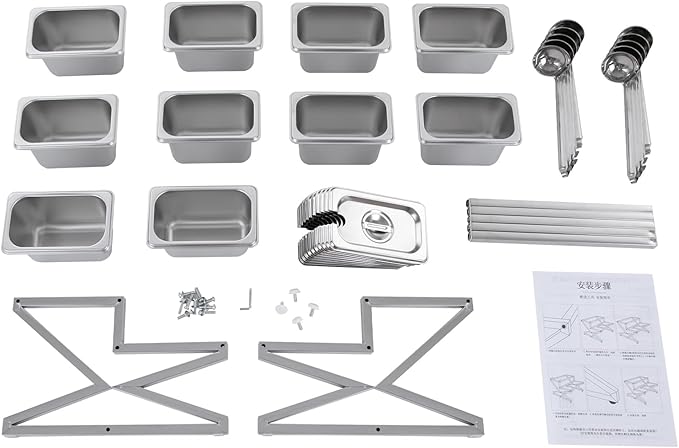 Expandable Stainless Steel Spice Rack Organizer with 10 (1.59 Qt) Lidded Pans, Adjustable 14-25.6 Inch 2-Tier Shelf for Kitchen Counter, Cabinet & Commercial Use