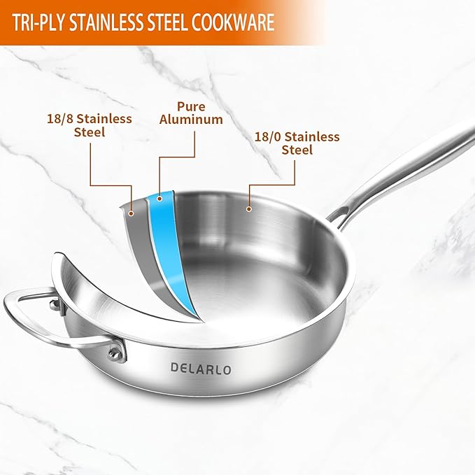 DELARLO Tri-Ply Stainless Steel 10 Inch Frying Pan,3 Quart Saut챕 Pan with lid,Compatible with All Cooktops,Oven Up to 660??Chicken Fryer,Dishwasher-Friendly