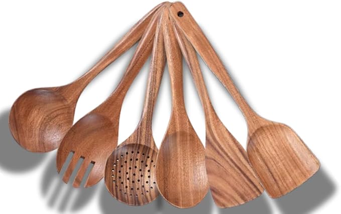 Wooden Spoons for Cooking - 6Piece Kitchen Utensils Set -Nontoxic Wooden Utensil Set -Heat Resistant Cooking Spoons - Wooden Spatula for Cooking - Teak Wood Utensils Set for Cooking - Wood Spoon