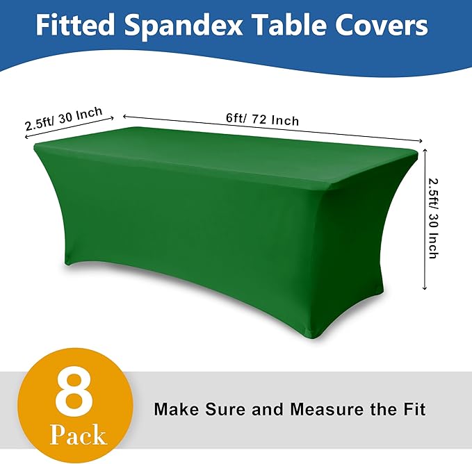Enjoyidea Stretch Table Cover for 6 Foot Rectangle Tables-8 Pack Green Spandex Fitted Tablecloth-Elastic 6ft Christmas Tablecloths for Party, Vendor Booth Display, Banquet Event, Craft Trade Show