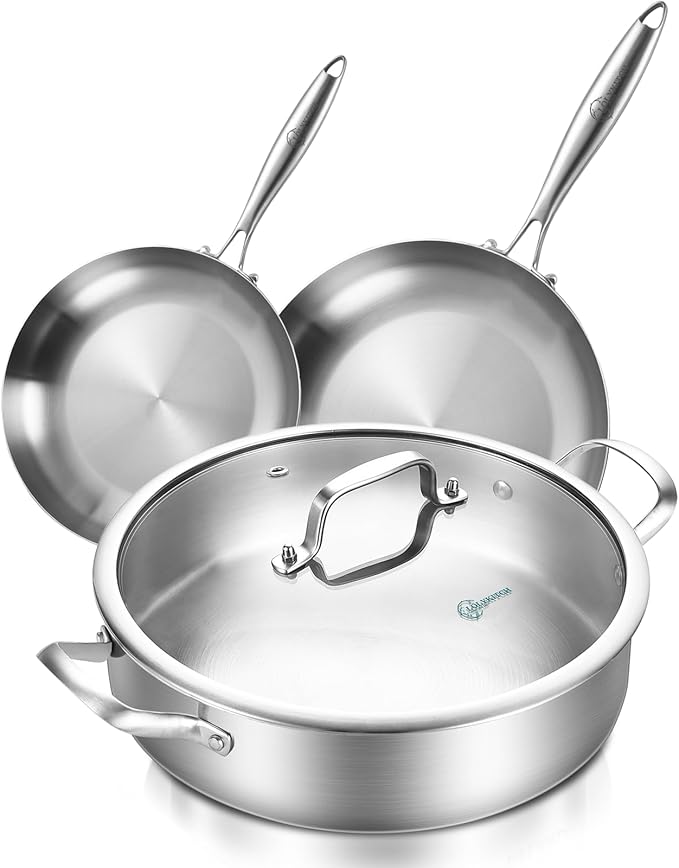 LOLYKITCH 12 Inch Tri-ply Stainless Steel 5.5 QT Saut챕 Pan and 8-10 Inch Frying Pan Set of 3,Induction Cookware,Dishwasher and Oven Safe.