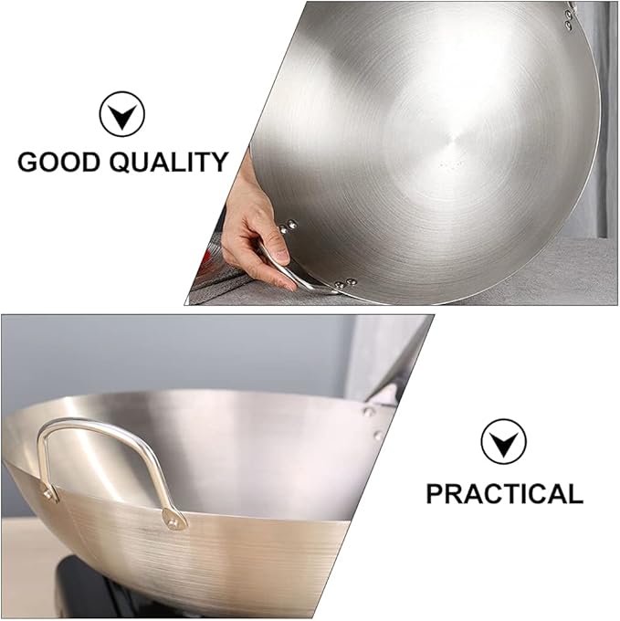 DOITOOL Stainless Steel Wok with Double Handles 12.6 Inch Round Bottom Pan for Stir Frying and Cooking Kitchen Use