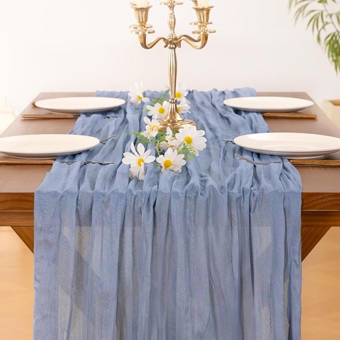 Socomi 15pcs Dusty Blue Valentine's Day Cheesecloth Table Runner Boho Rustic Gauze 120 inch 10FT Cheese Cloth Runner for Wedding Party Baby Shower Birthday Home Decor Holiday Decorations