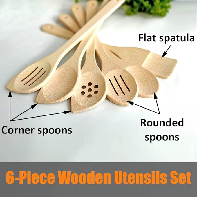 ECOSALL Healthy Wooden Spoons For Cooking Set of 6. Safe and Reliable Cooking Utensils for Kitchen ??100% Natural Nonstick Wood Spatula Spoon For Scraping, Stirring, Serving ??Uncoated Solid Hardwood
