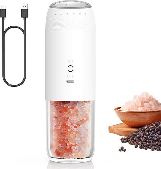 Gravity Electric Salt and Pepper Grinder Set, Automatic Salt and Pepper Mill Sets with LED Light, Type C Charging, Adjustable Coarseness, Large Capacity(1 Pack/White)