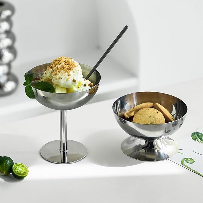 Hapivida Ice Cream Cup, 4Pcs Stainless Steel Serving Dessert Bowls Cups Sauce Bowls Mini Round Footed Yogurt Snack Candy Cups for Salad Fruit Pudding Christmas Party