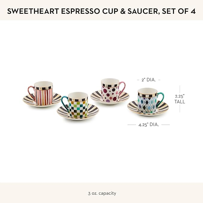 MACKENZIE-CHILDS Sweetheart Espresso Cup and Saucer Set, Cute Porcelain Espresso Cups and Saucers for Coffee, Set of 4