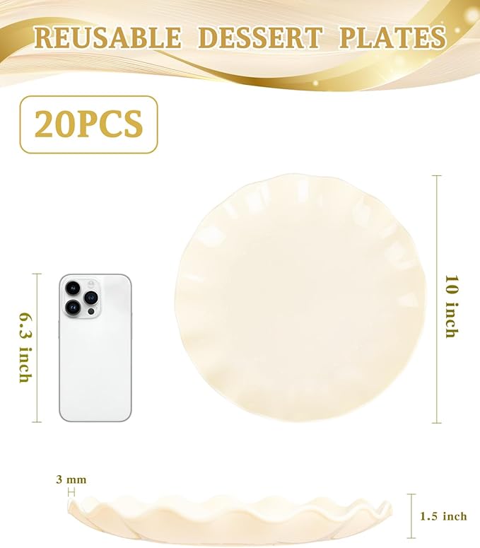 LIYH 20 Pcs 10 Inch Beige Plastic Plates Reusable - Unbreakable Plastic Scalloped Wavy Dinner Plates for Baby Shower Camping Party Outdoor Picnics Dishwasher Safe BPA Free