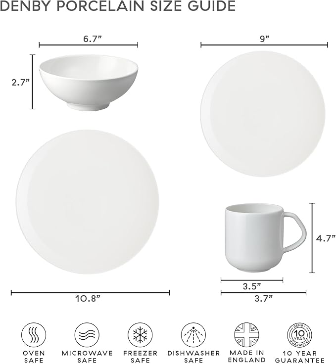 Denby - Classic White Coffee Mug Set of 4 - Large 13.5oz Simple Porcelain Tea Mug Set For Office & Home - Dishwasher Safe, Microwave Safe - Ceramic Cups
