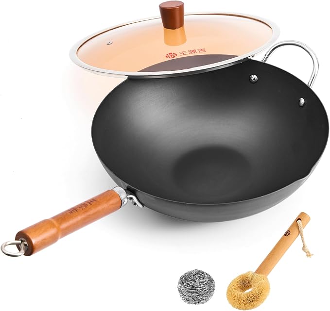 WANGYUANJI 12.6" Flat-Bottom Iron Wok with Glass Lid, Uncoated Stir-Fry Pan, Fast-Heating Refined Iron, Induction/Gas/Electric Compatible, Wooden Handle (Seasoning Required)