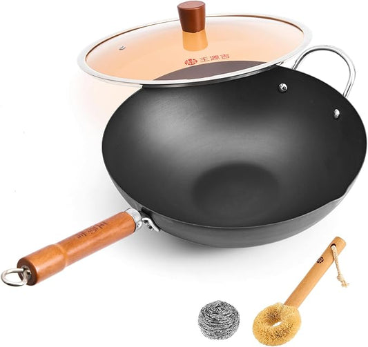 WANGYUANJI 12.6" Flat-Bottom Iron Wok with Glass Lid, Uncoated Stir-Fry Pan, Fast-Heating Refined Iron, Induction/Gas/Electric Compatible, Wooden Handle (Seasoning Required)