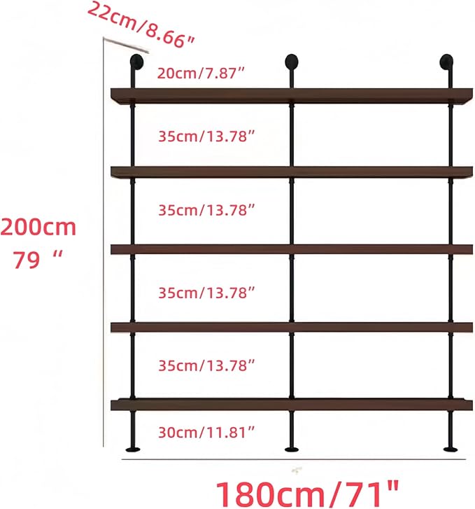 71 Inch Industrial Wall Mounted Wine Rack, 5-Tier Rustic Metal Floating Shelves, Large Capacity Wall Bar Shelves for Liquor Bottles for Home Bar & Dining Room, Walnut(Without Lights)