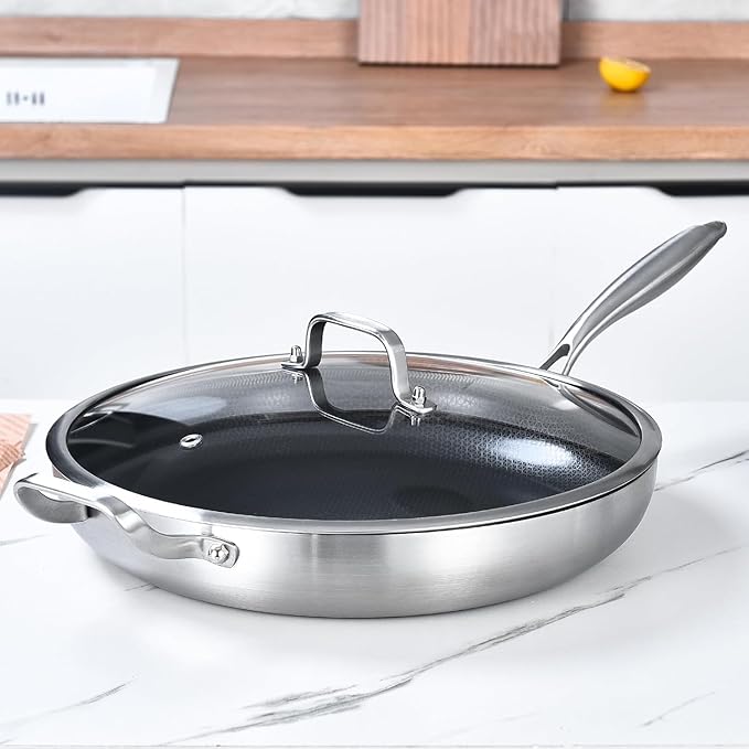 Inqibee 14.5-Inch Hybrid Ceramic Nonstick Tri-Ply Stainless Steel Frying Pan with Lid, Large Skillet,Induction Chef's Cooking Pan,Dishwasher and Oven Safe